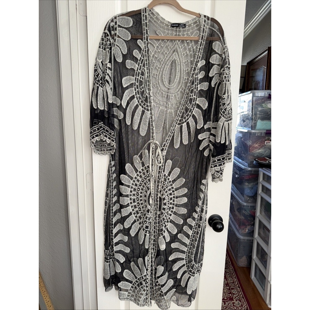 Black Sheer OSGA Lace Kimono Open Duster Oversized Long Boho Festival‎ 42"  4987